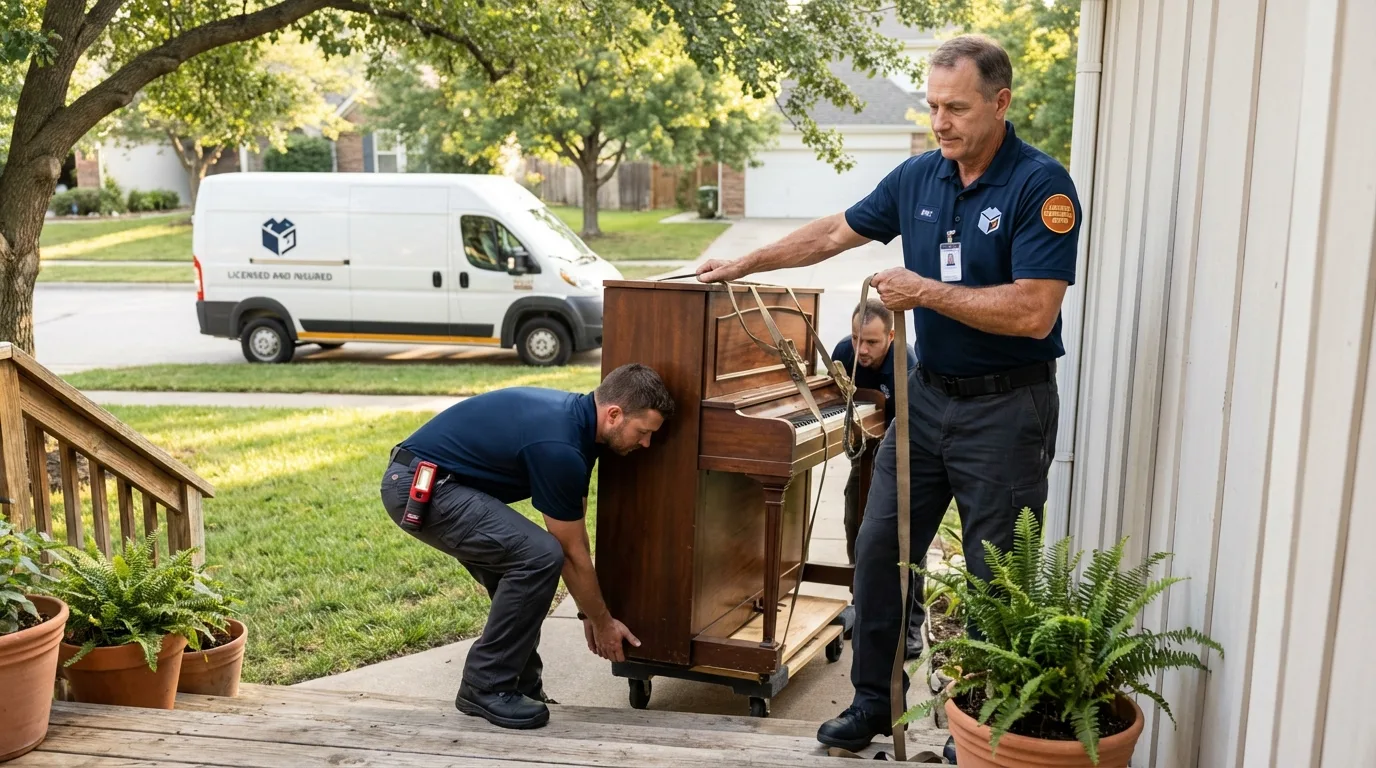 Licensed piano movers securing grand piano in Indiantown, FL