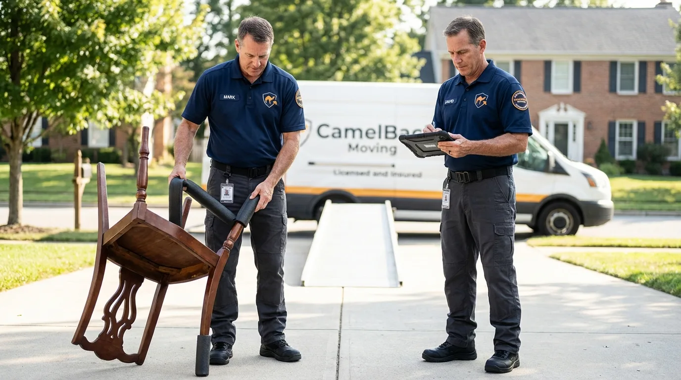 Movers inspecting furniture for damage prevention before loading in Indiantown, FL