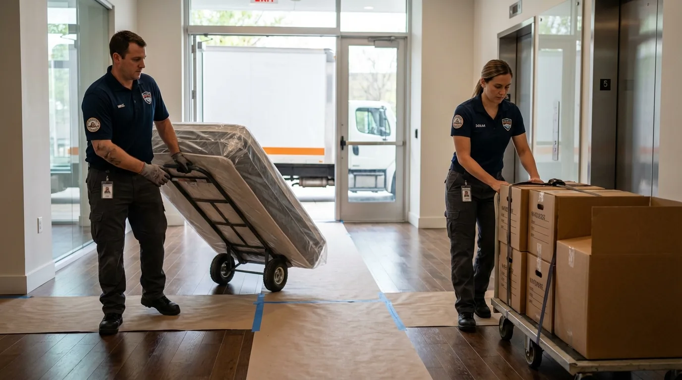 Professional apartment movers loading elevator in Indiantown, FL
